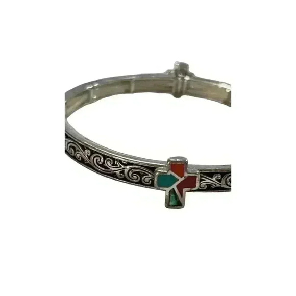 Silver Bracelet with Coral and Turquoise inlay Crosses - Picture 4 of 4